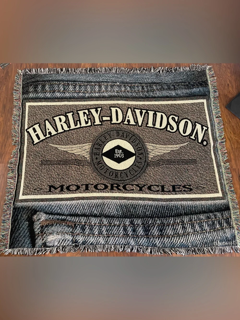 Harley Davidson Tapestry Woven Throw Blanket 2004 HD Logo Patch on Denim 48x54
